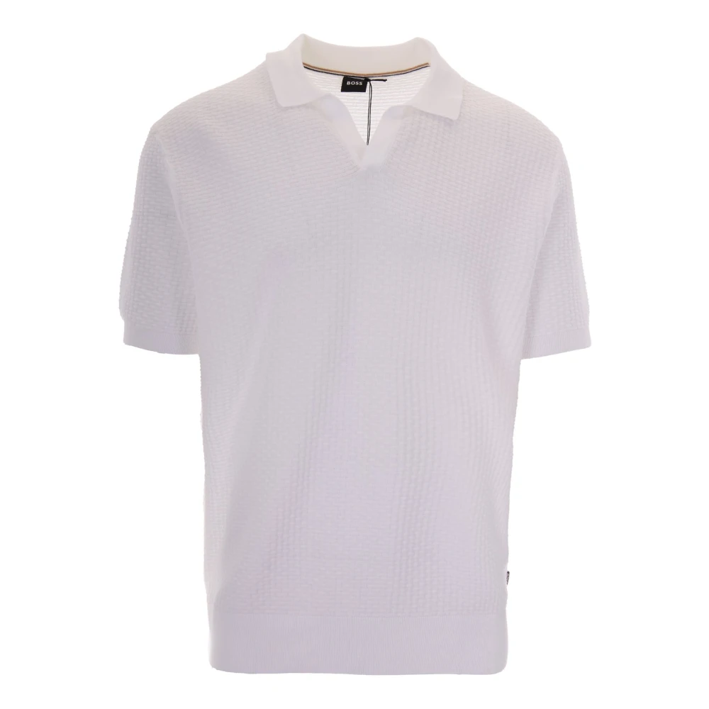Boss Black Men's White Polo Shirts, M, H-Natalo Structured Knitted Polo