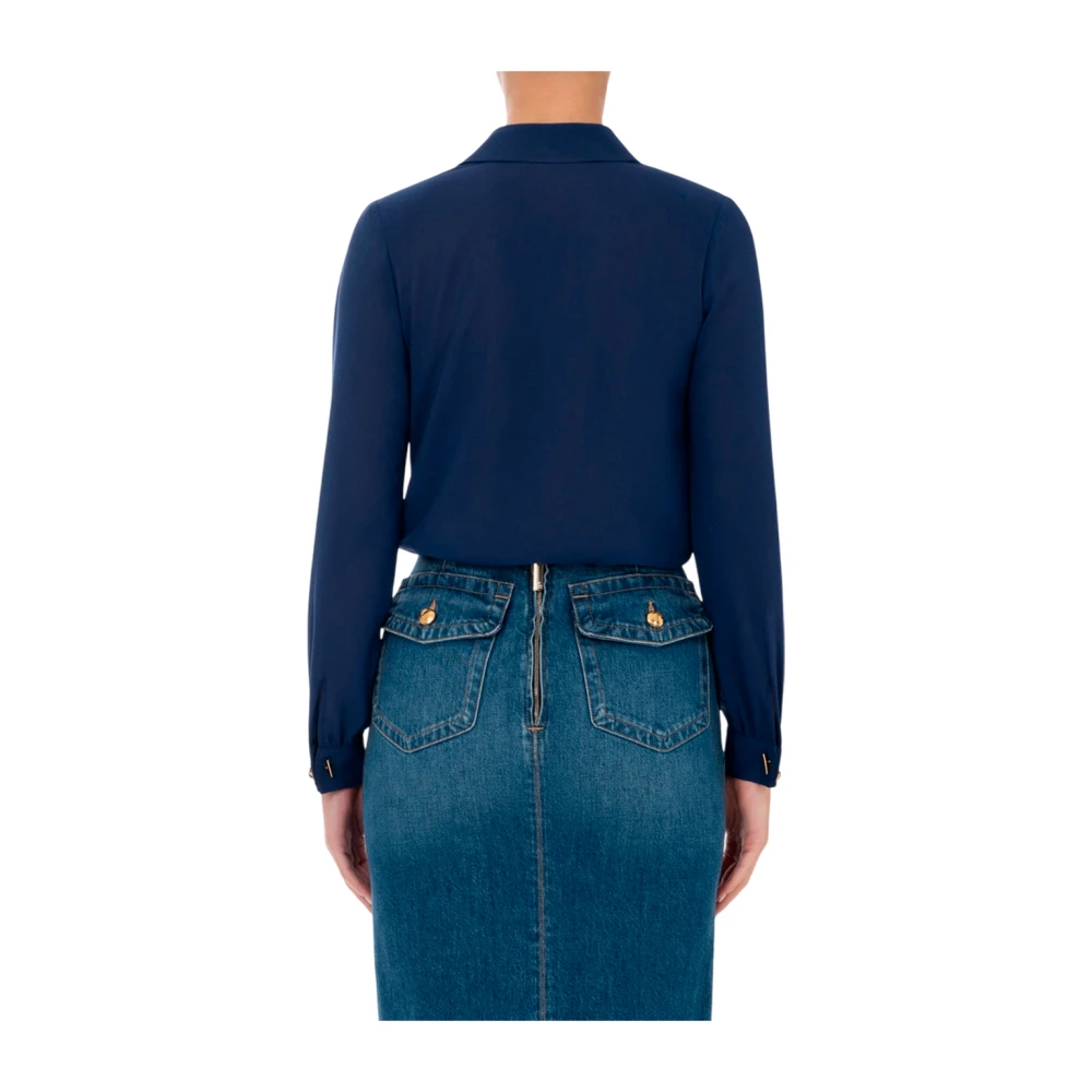 Elisabetta Franchi Georgette Jacquard Lettering Cross-Neck Shirt Blue Dames