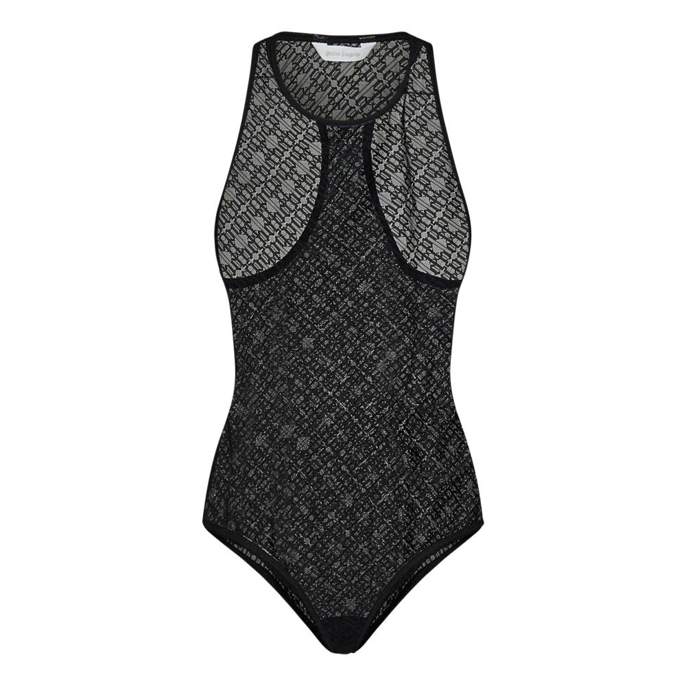 Palm Angels Svart spetsbody med jacquard logo Black, Dam