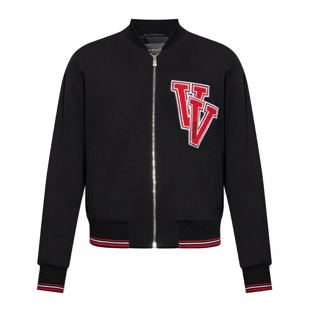 Versace Men's Black Patch Bomber Jacket With Ribbed Trims - Bomber Jackets - L - Jackets