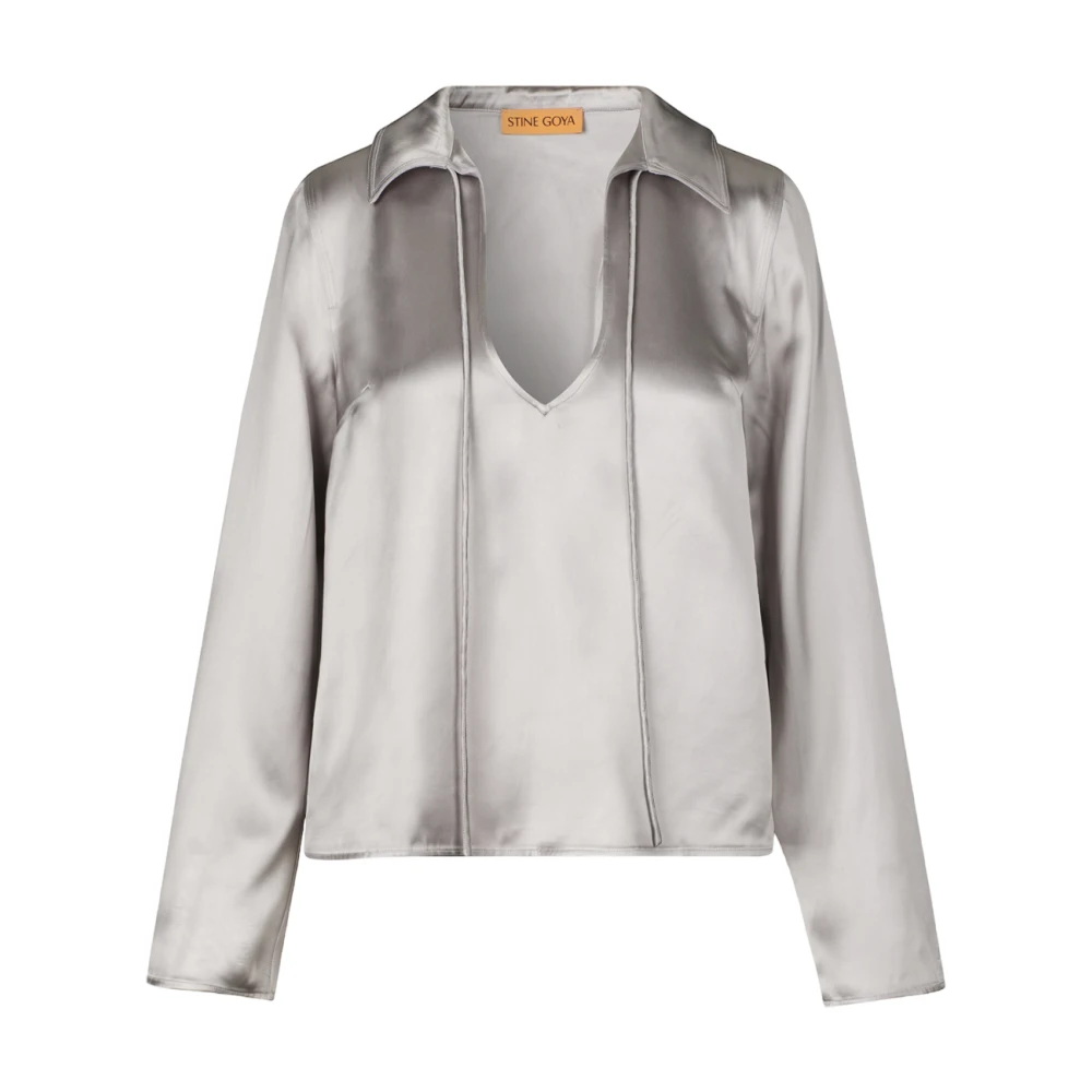 Stine Goya Gray Blouses, Female, S, Satin Shirt With Tie-String V-Neckline