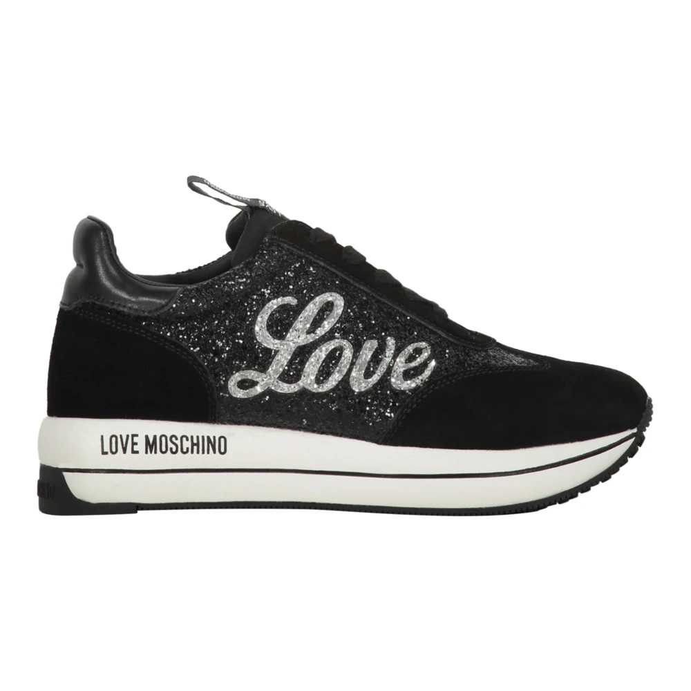 Love Moschino Glitter Low-Top Sneakers med Suede Inserts Black, Dam