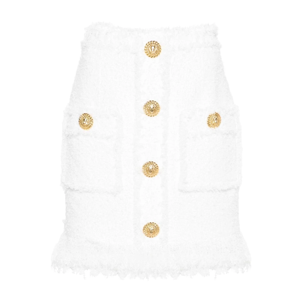 Balmain Hoge Taille Tweed Rok Franje Zoom White Dames