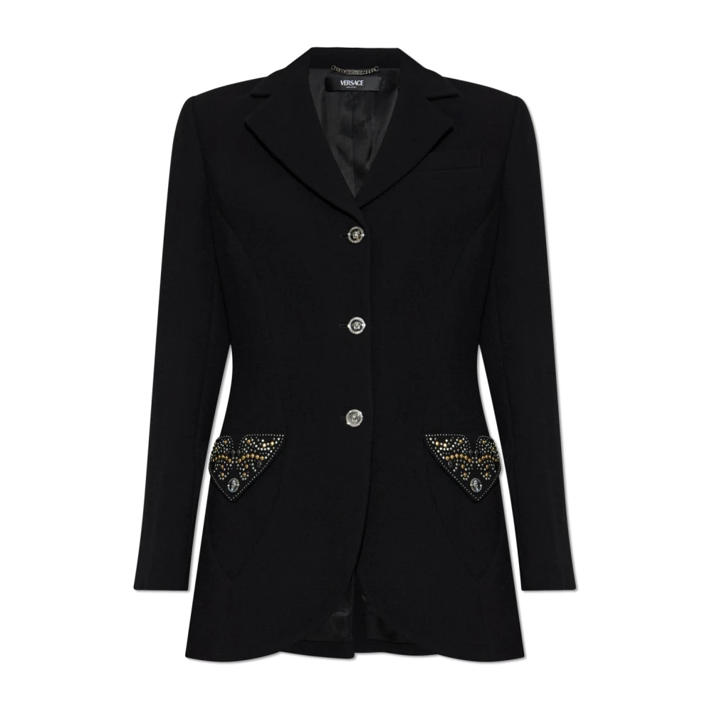 Versace Vrouw Zwart Jassen Dames, M, Wol, Blazer Met Glinsterende Applicaties
