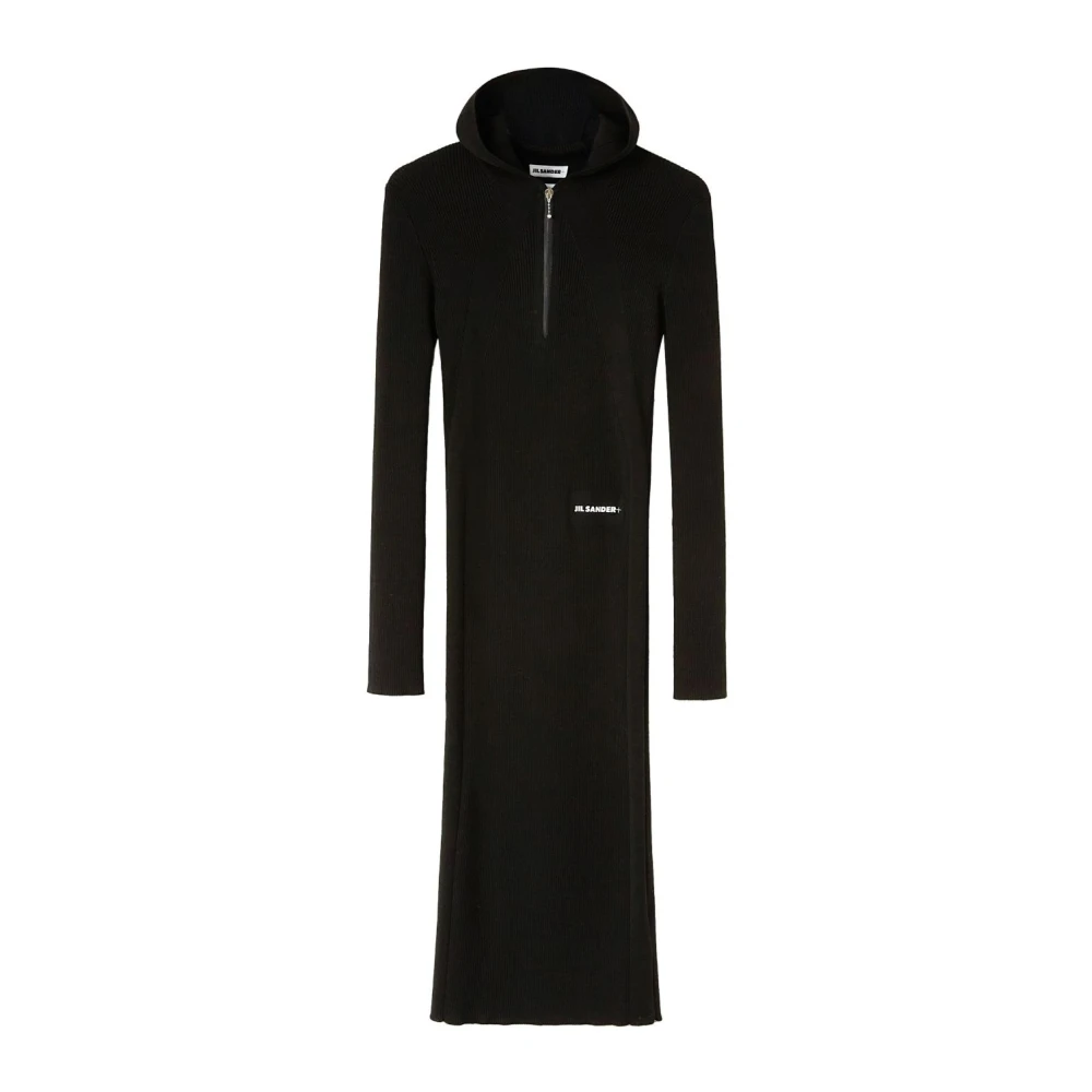 Jil Sander Svart Ribbstickad Huva Midi Klänning Black, Dam