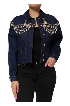 Blå Kristallutsmyckad Jeansjacka
