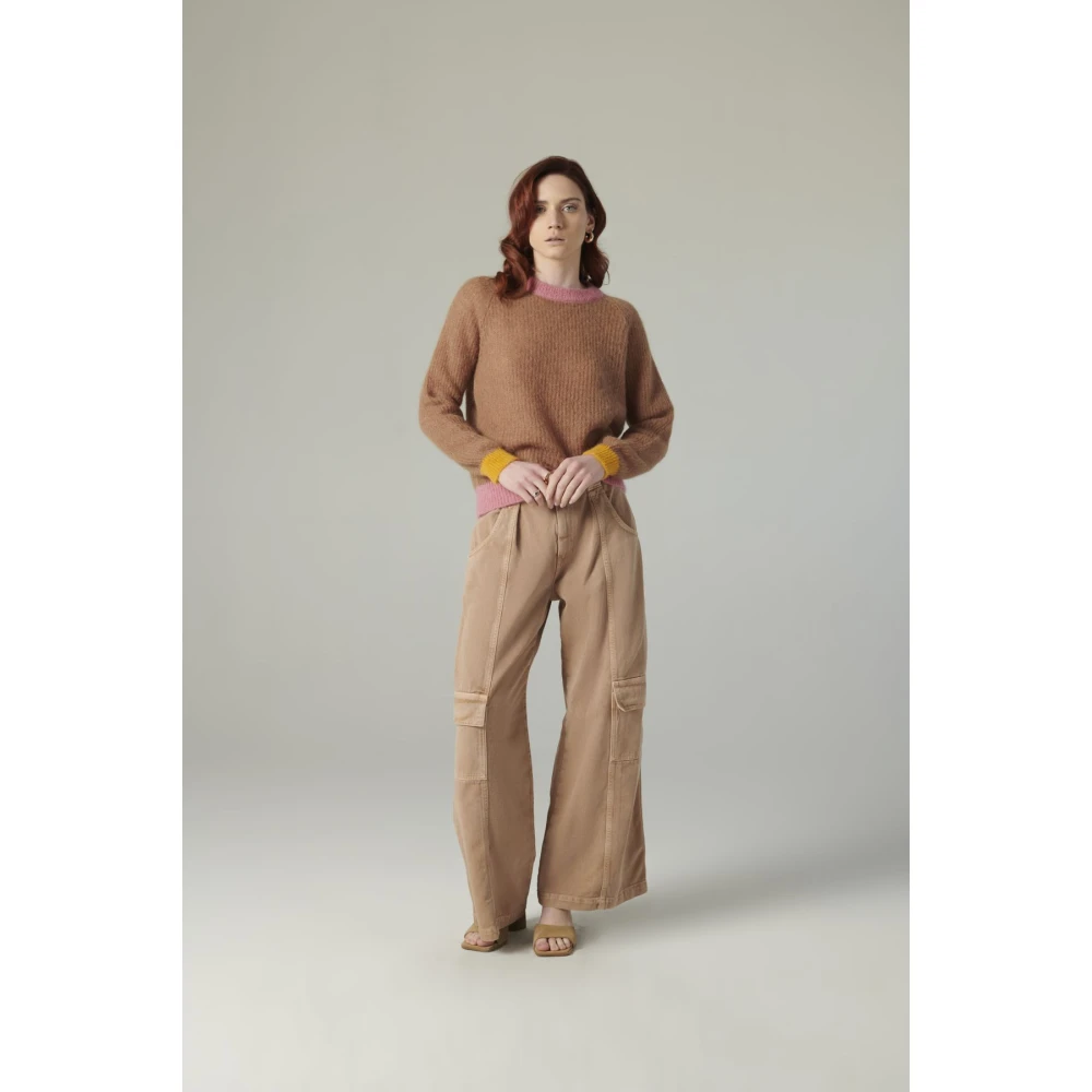 Manila Grace Kleurrijk Contrast Versierde Gebreide Top Brown Dames