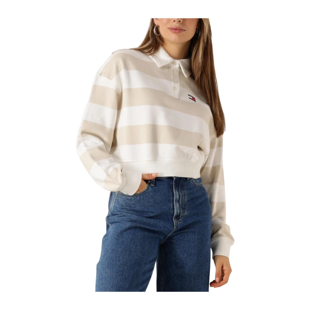 Tommy Jeans Beige Gestreept Polo Shirt met Lange Mouwen Beige Dames