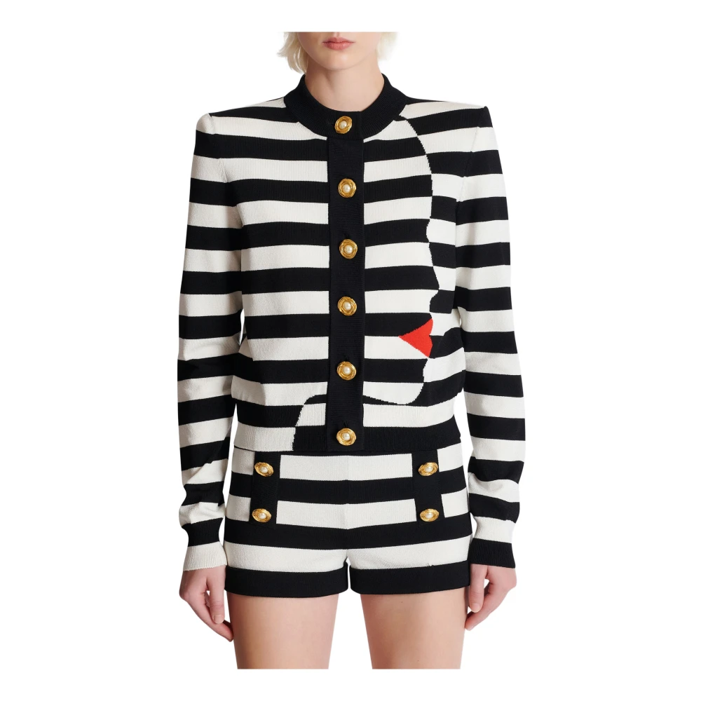 Balmain Gebreide Marinière cardigan met gezichtsmotief Black Dames