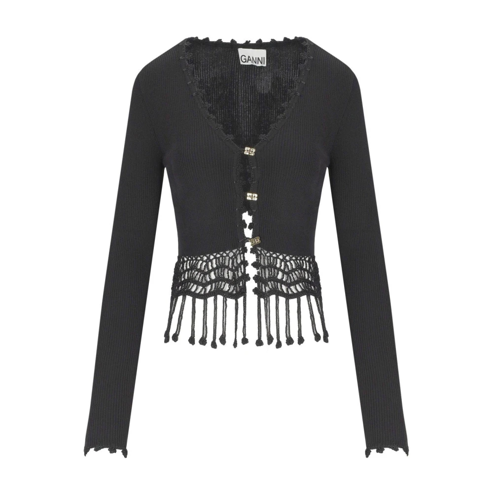 Ganni Women's Black Cardigans, M, Crochet Cropped Cardigan With Fringed Hem