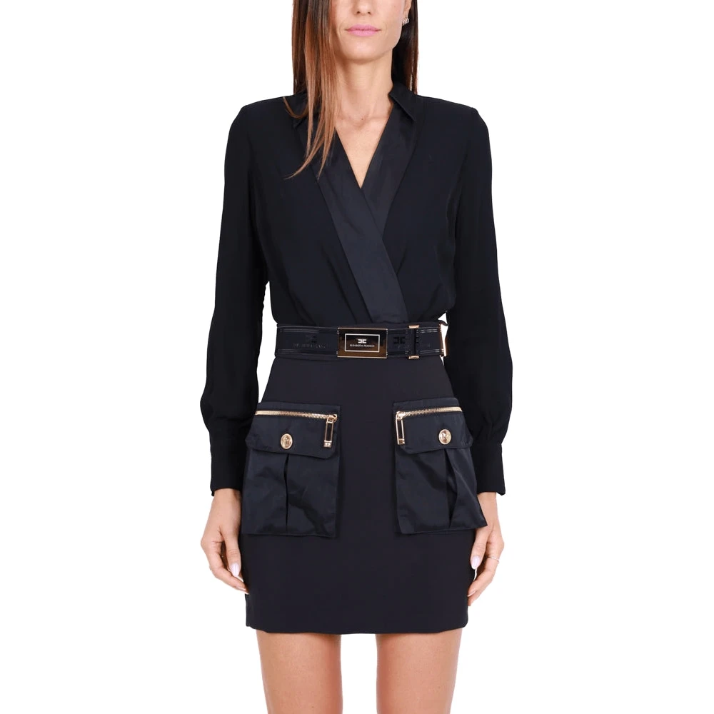 Elisabetta Franchi Korte Zwarte Crêpe en Georgette Jurk Black Dames