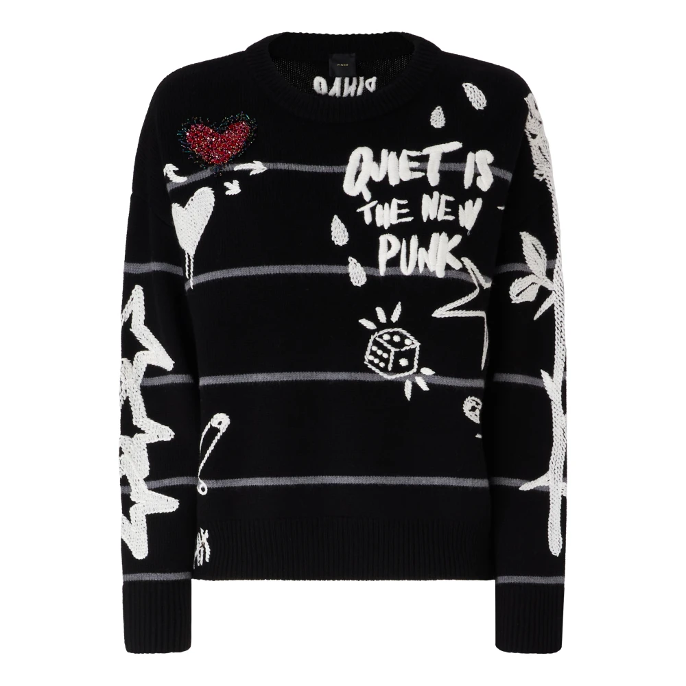 Pinko , Round-Neck Knitwear, Female, Black, M, Intarsia Stripe V-Neck Knit Jumper