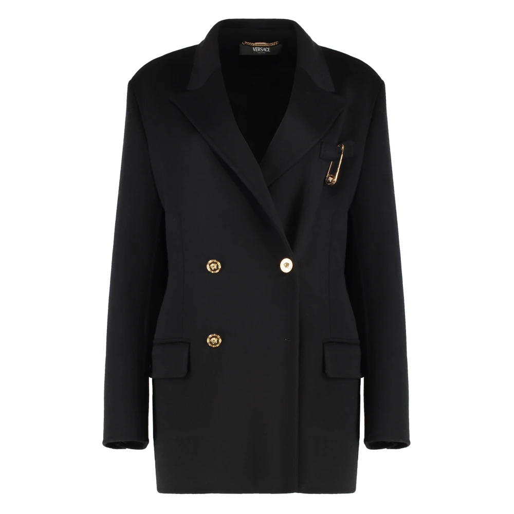 Versace Women's Black Double-Breasted Coats, S, Cashmere Blend Double-Breasted Blazer Jacket