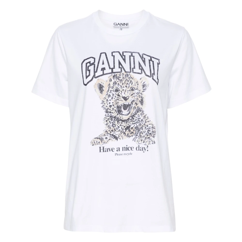 Ganni Luipaardprint Grafisch T-shirt White Dames