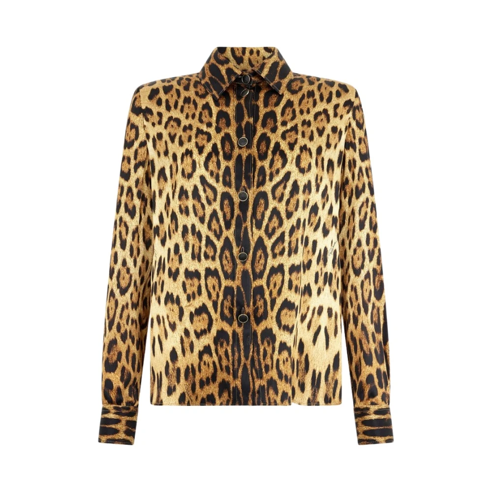 Roberto Cavalli Brown Shirts, Female, S, Silk Shirt With Jaguar Skin Print