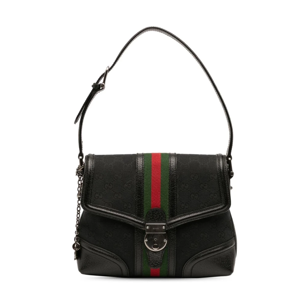 Gucci Vintage Women's Black Pre-Owned Vintage Gg Monogram Shoulder Bag With Web Stripe