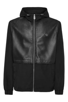 Nylon/Leather Hooded Jacket LS
