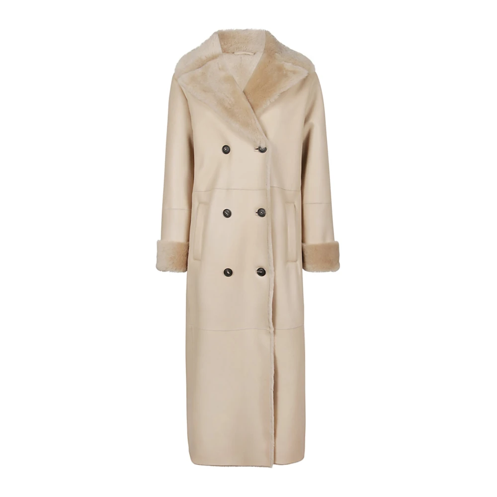 Eleventy Shearling Lange Dubbelbreasted Jas Gladde Vacht Beige Dames