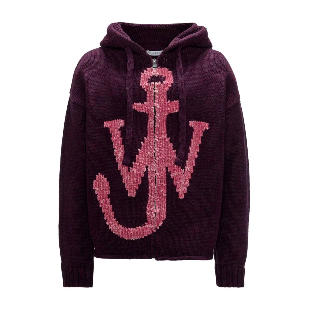 JW Anderson Logo Rits Hoodie Merino Gebreid Ontwerp Purple Heren