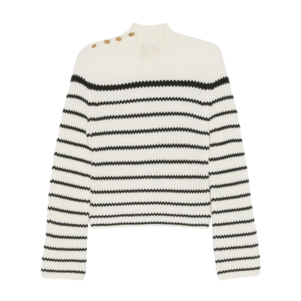 Forte Gestreepte Merinowollen Trui met Metalen Knoopdetail White Dames