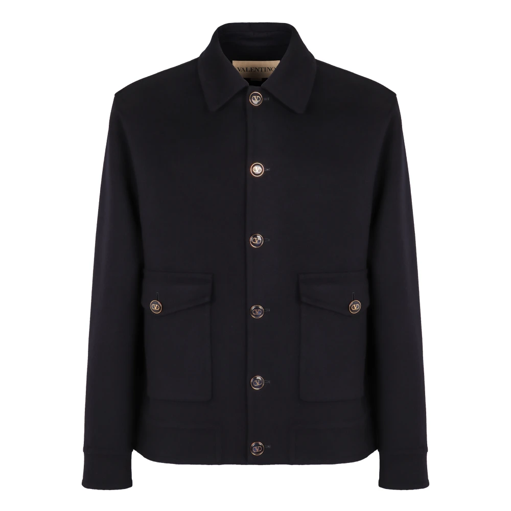 Valentino Garavani Men's Blue Light Jackets,, Wool Cashmere Bomber Jacket Logo Detail Large