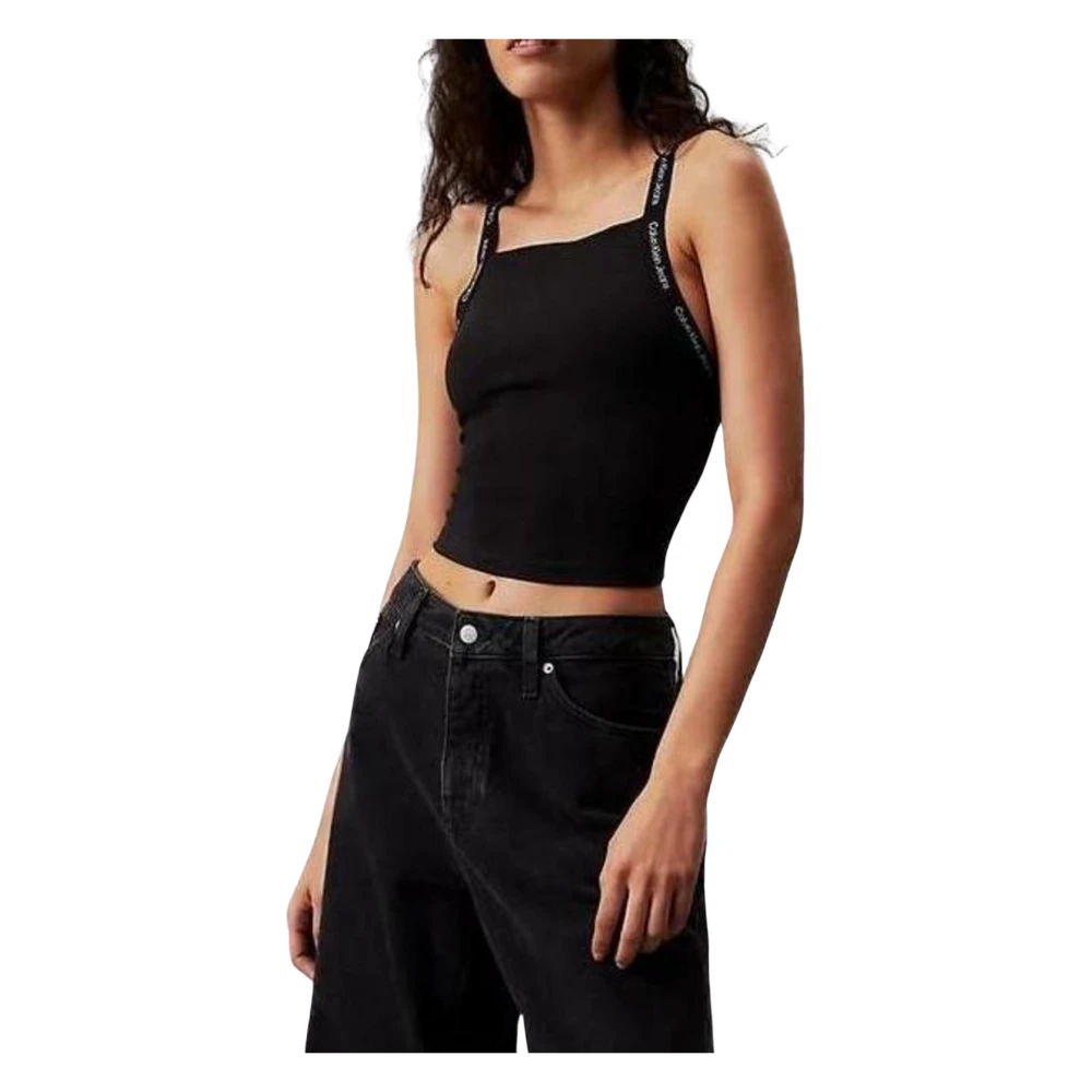 Calvin Klein Jeans Zwarte Crop Top met Logo en Kruisbandjes Black Dames