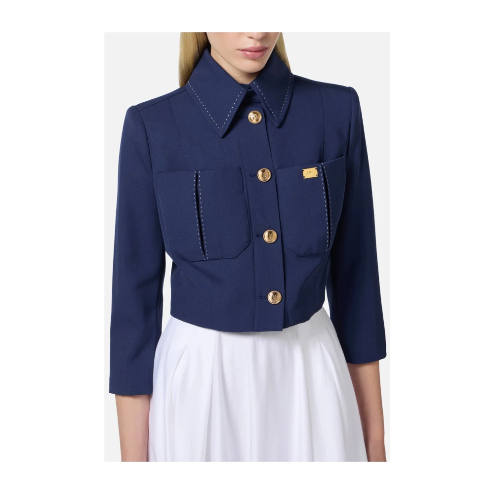 Elisabetta Franchi Blauwe Wol Cropped Jas Blue Dames