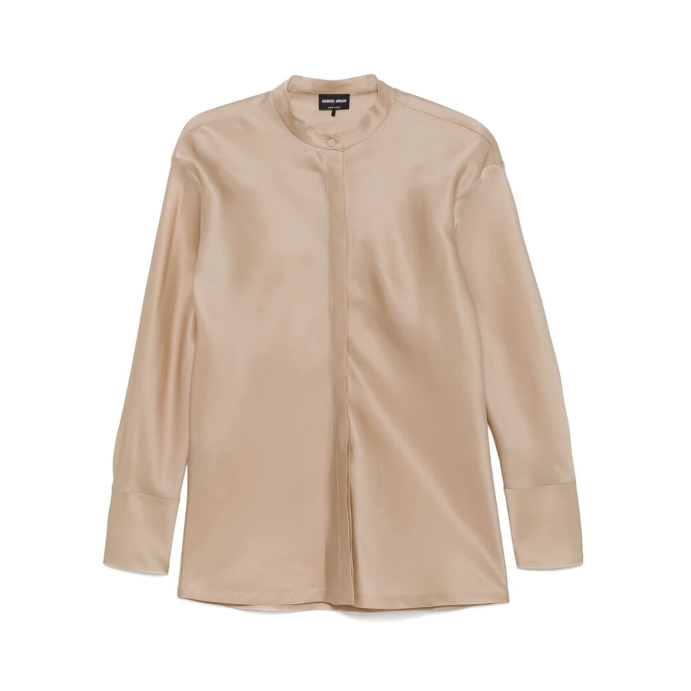 Giorgio Armani Zijden Taffeta Overhemd met Bandkraag Beige Dames