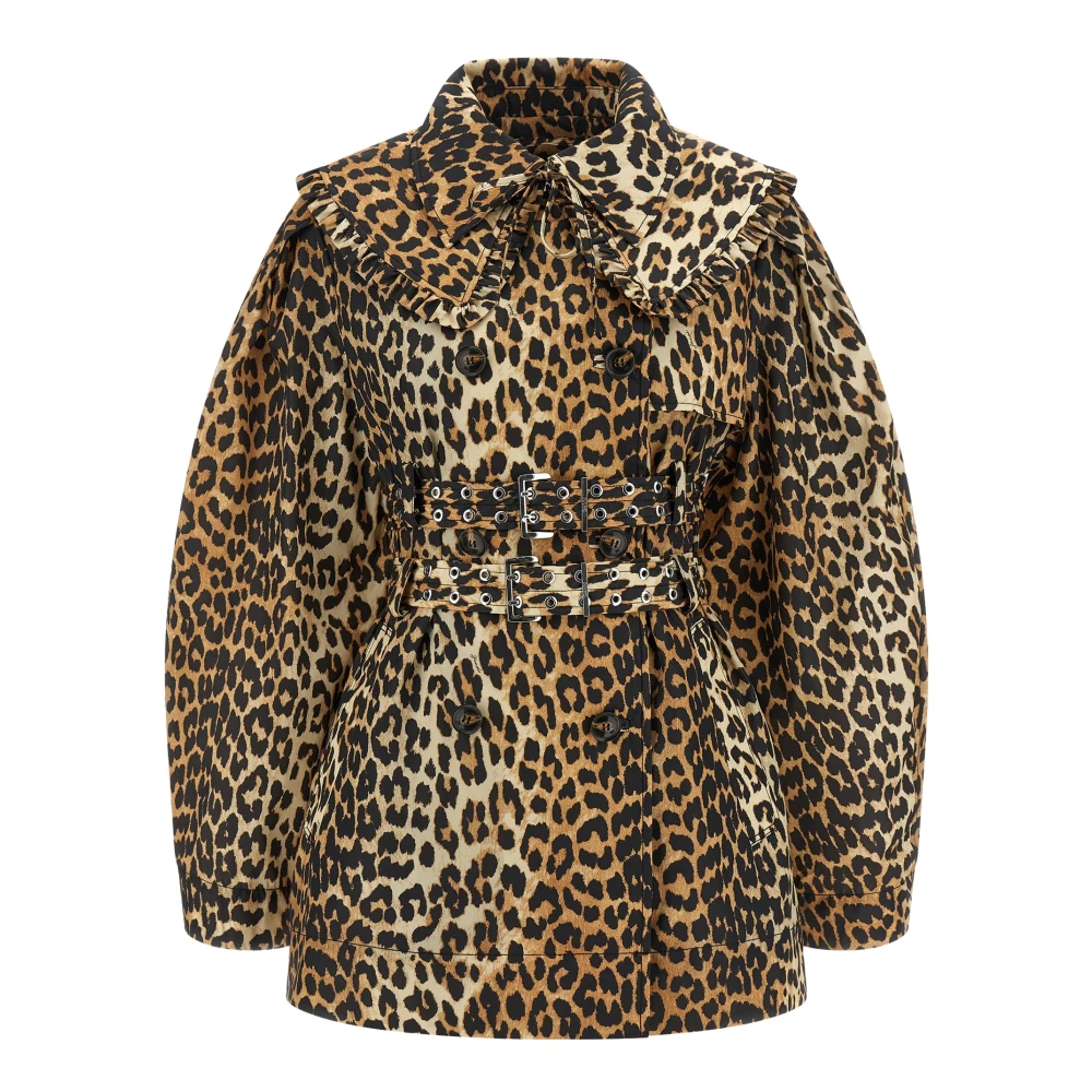 Ganni Women's Leopard Duchesse Nylon Short Trench Coat