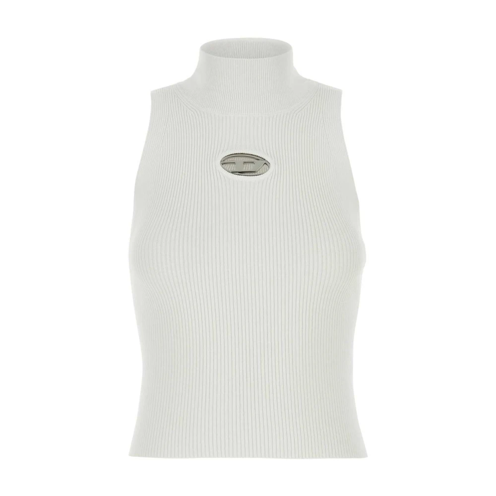 Diesel Vrouw Wit Geribbelde Mouwloze Top Met Mock Neck