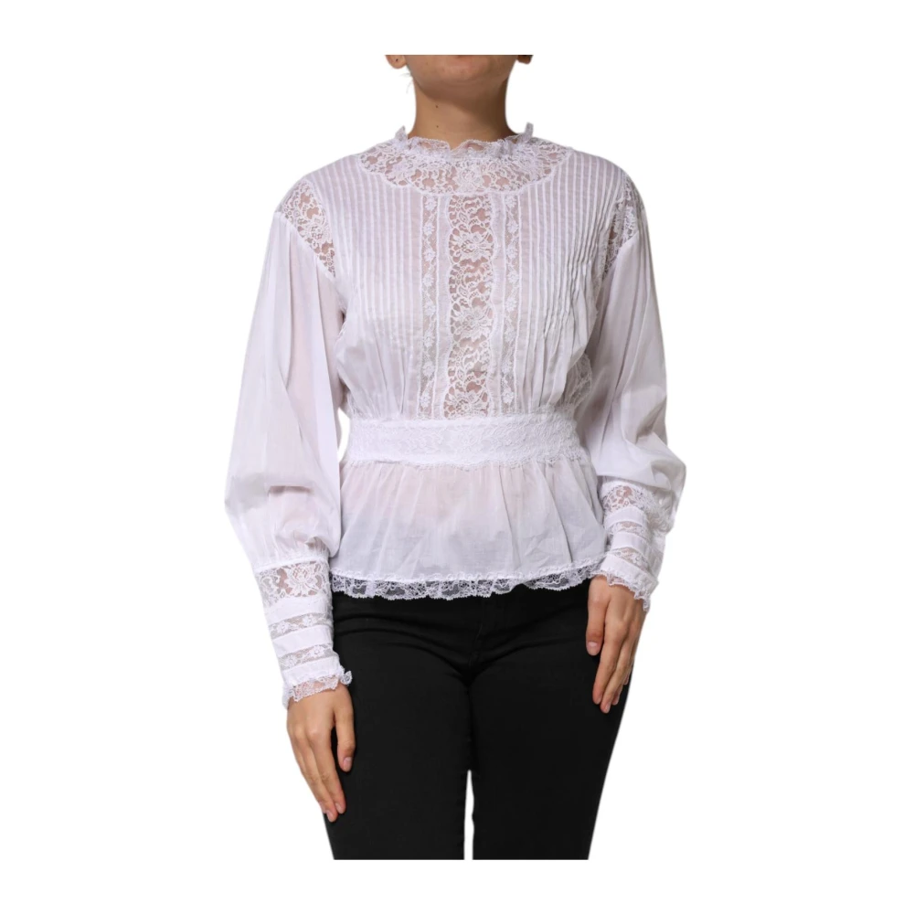 Dolce & Gabbana Vrouw Wit Overhemden Dames, L, Katoen, Te Bloemen Kant Top