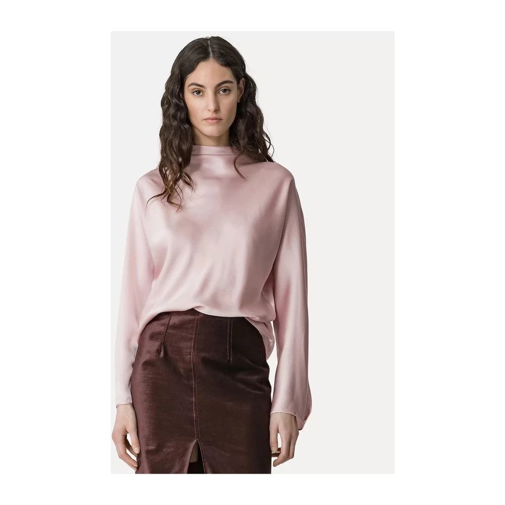 Forte Zijden Satijnen Hoge Hals Kimono Blouse Pink Dames