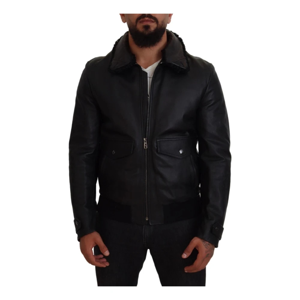 Dolce & Gabbana Zwarte leren bomberjack met shearling kraag Black Heren