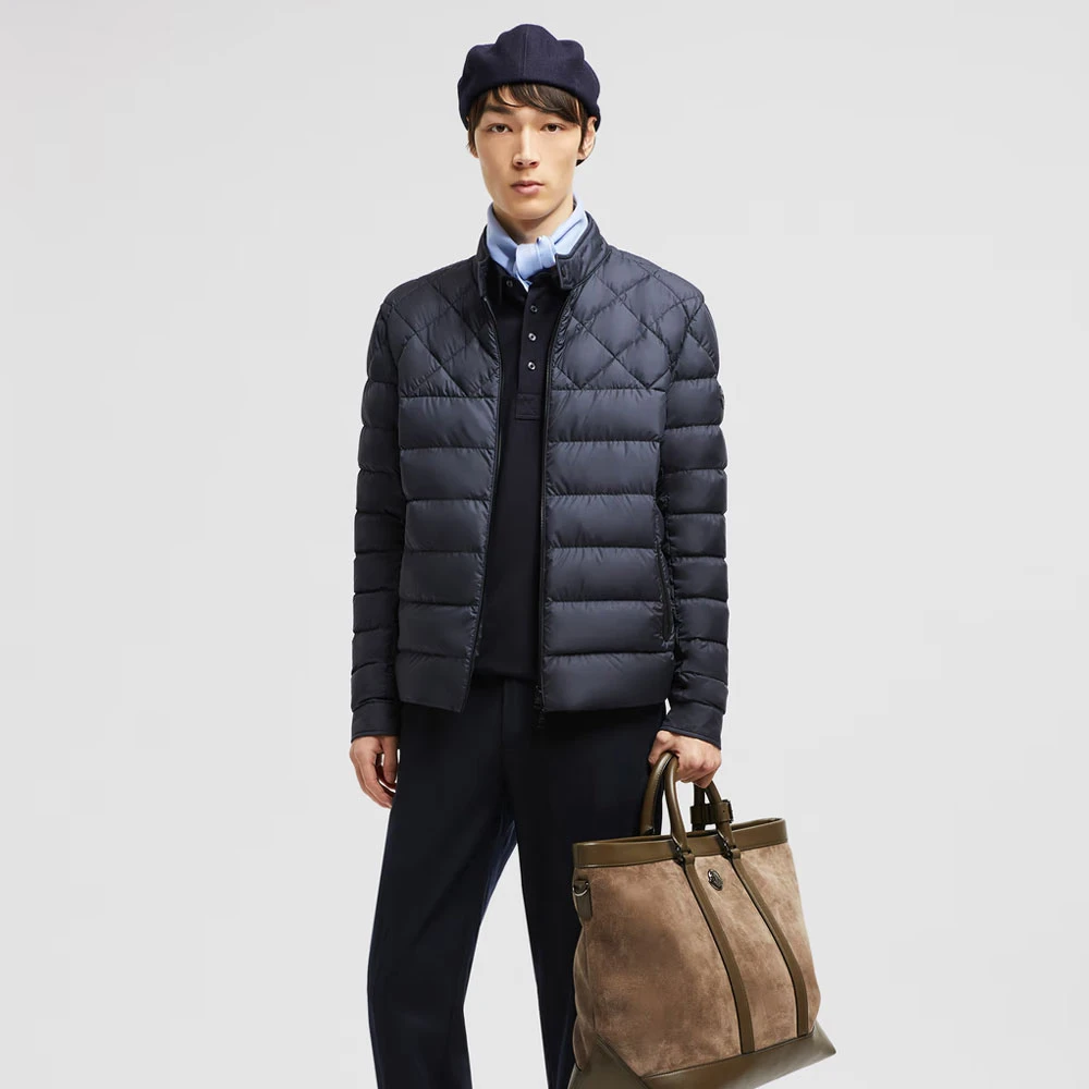 Moncler Navy Leren Bikerjack Blue Heren