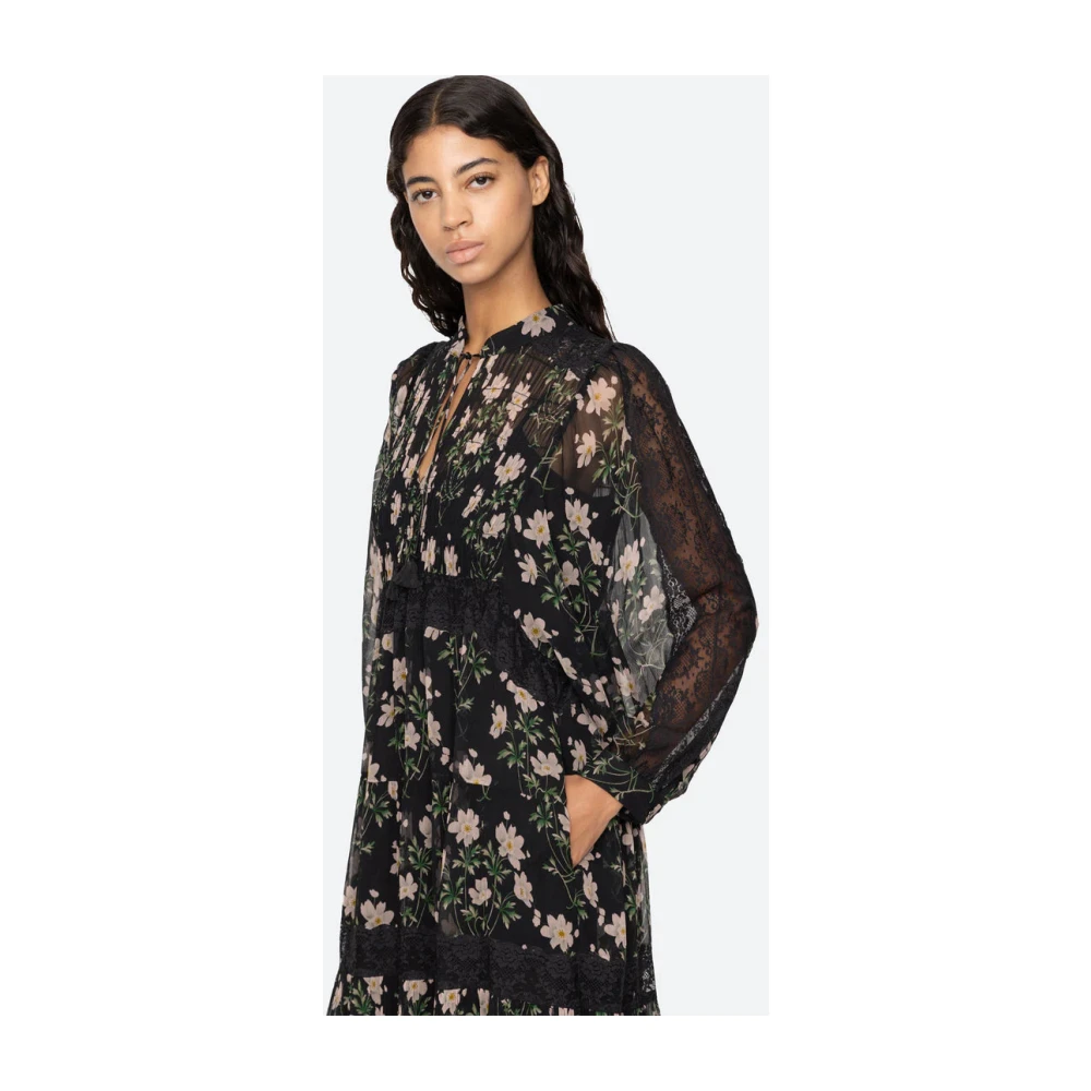 Sea NY Bloemenprint Midi Jurk met Kantinzetten Black Dames