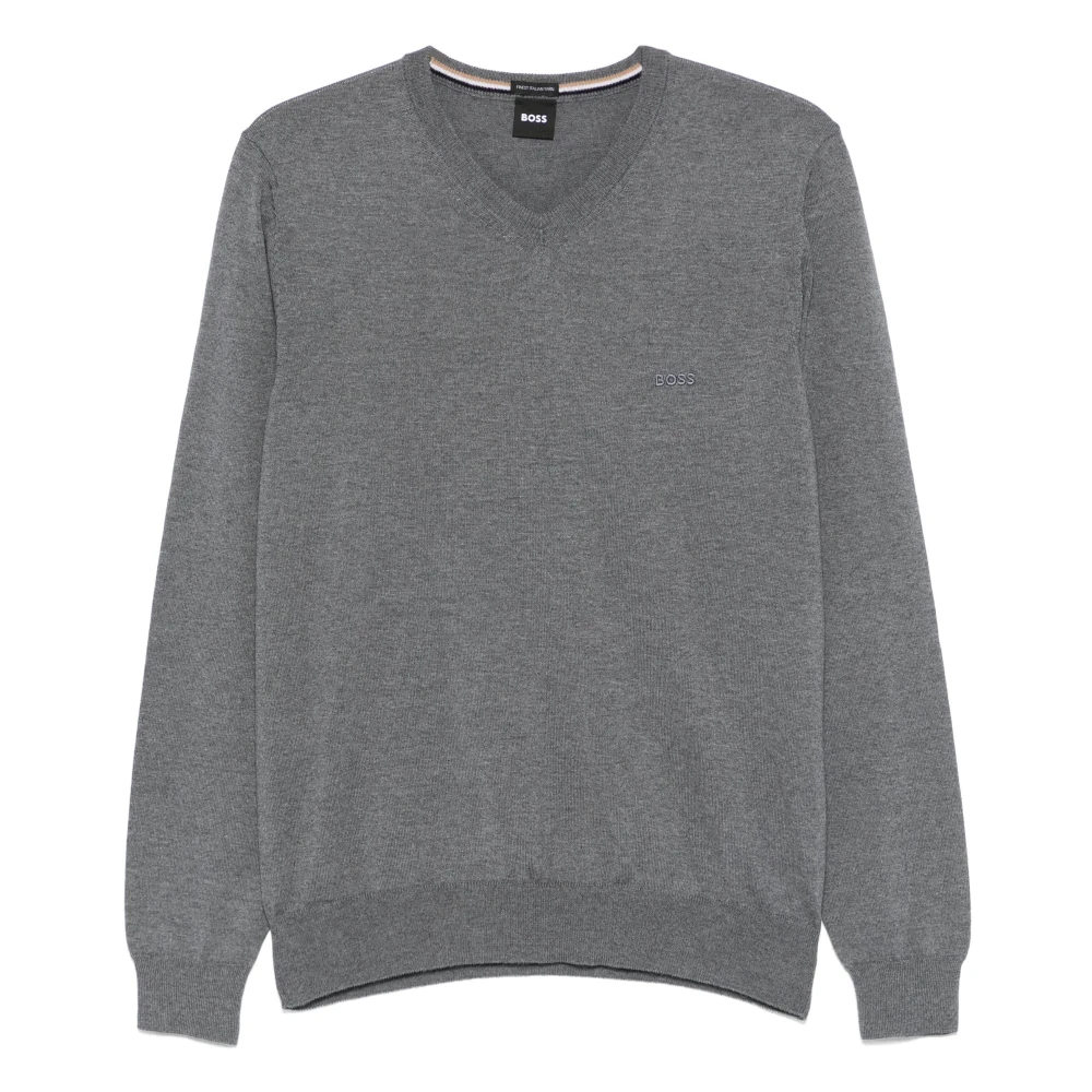 Hugo Boss Wollen gebreide kleding met geborduurd logo Gray Heren