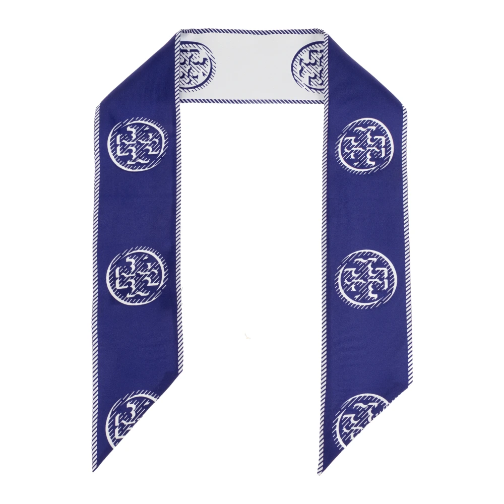 Tory Burch Women's Blue Silk Scarves, One Size, T Monogram Ribbon Tie