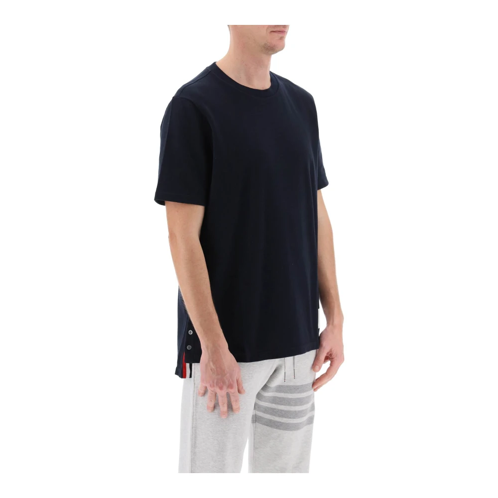 Thom Browne RWB Gestreept Piqué T-Shirt met Geknoopte Zijzooms Blue Heren