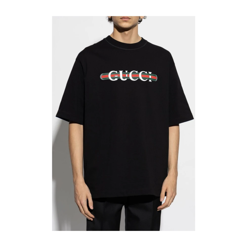 Gucci Zwart T-shirt met Web Print Black Heren