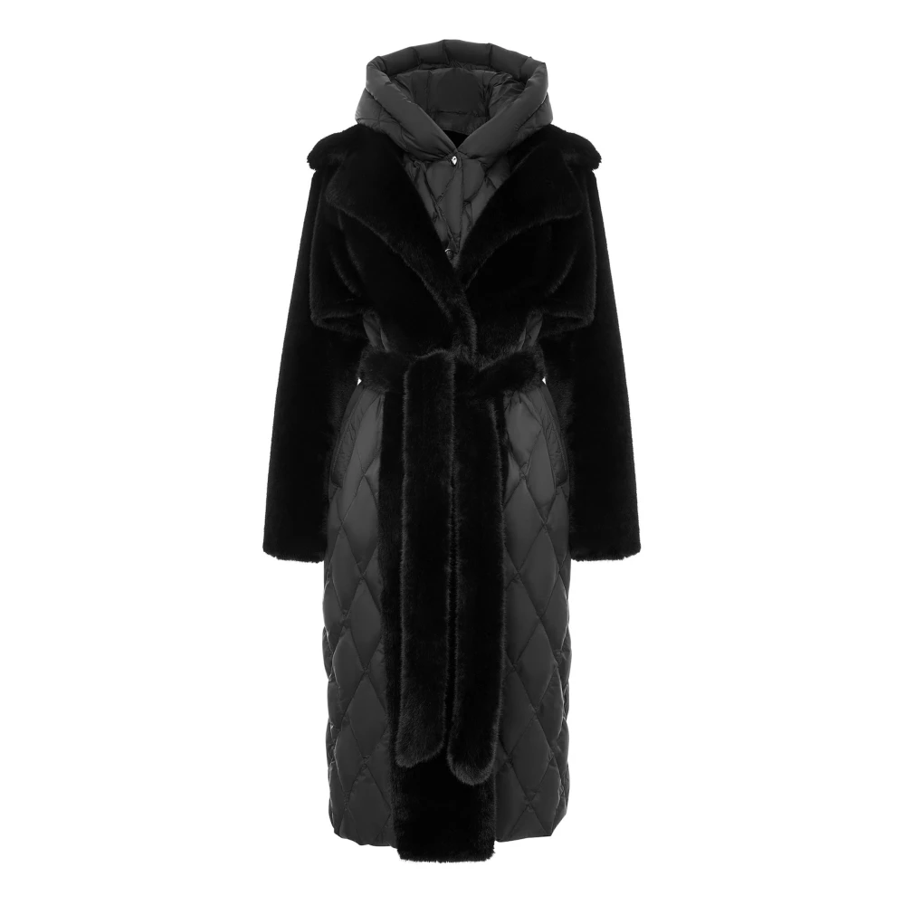 Cesare Gaspari Gewatteerde Nepbont Zwarte Jas voor Vrouwen met Riem | Chique Winterkleding Black Dames