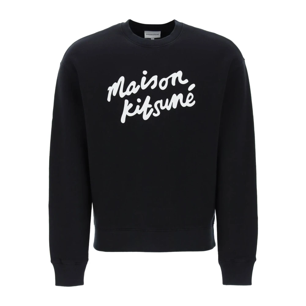 Maison Kitsuné Geborsteld Katoenen Crewneck Sweatshirt met Logo Black Heren
