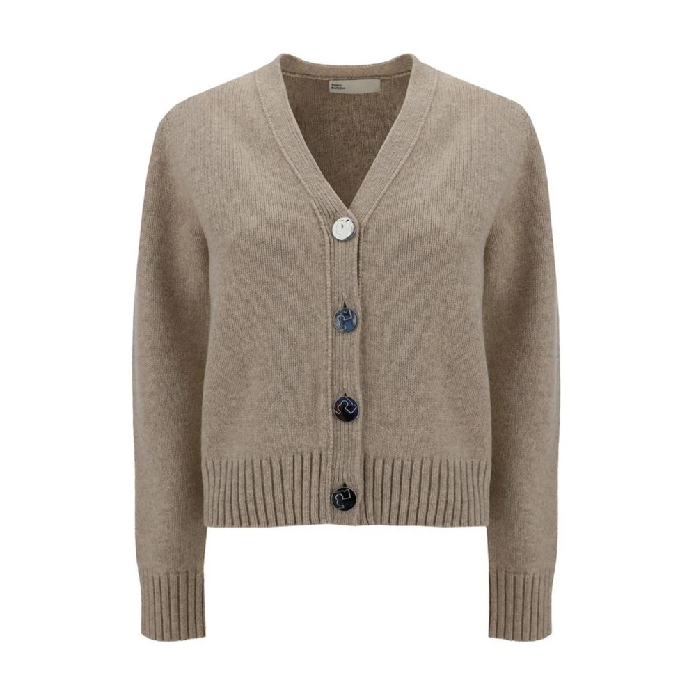 TORY BURCH Contrasterende Knoop Wollen Vest met Geribbelde Afwerking Beige Dames