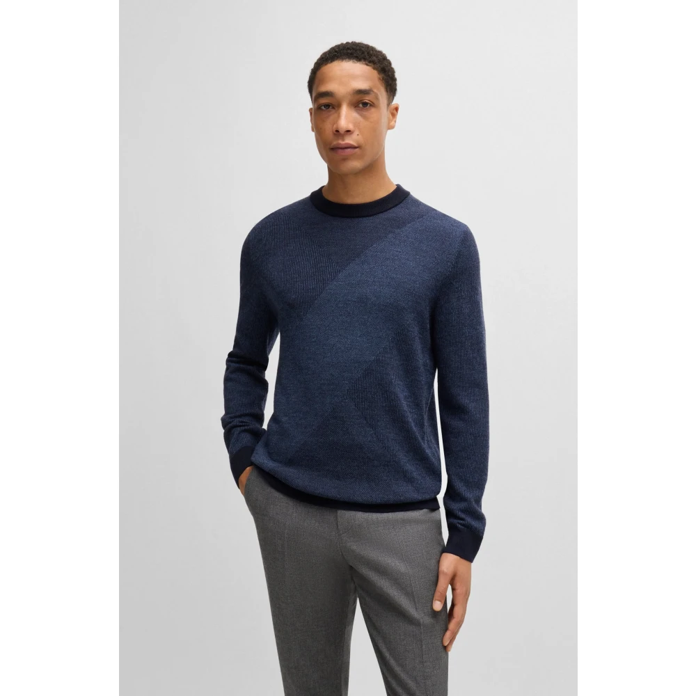 Hugo Boss Blauwe Jacquard Gebreide Trui Blue Heren