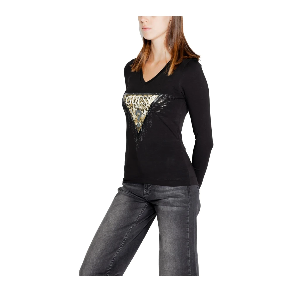 Guess Lange Mouw T-shirt met Strass Detail Black Dames