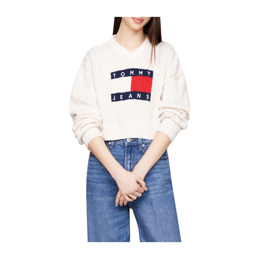 Tommy Jeans Witte Sweater met Vlag Logo White Dames