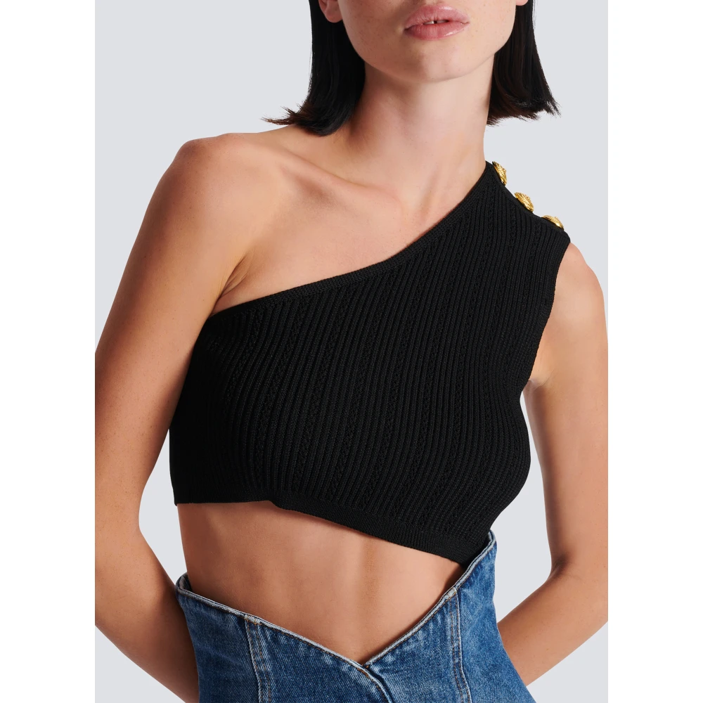 Balmain Asymmetrische One-Shoulder Gebreide Top Black Dames