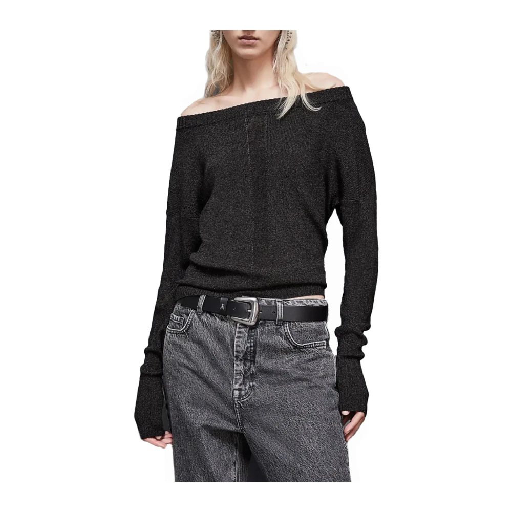 PATRIZIA PEPE Lurex Ribbed Sweater Boat Neck Black Dames