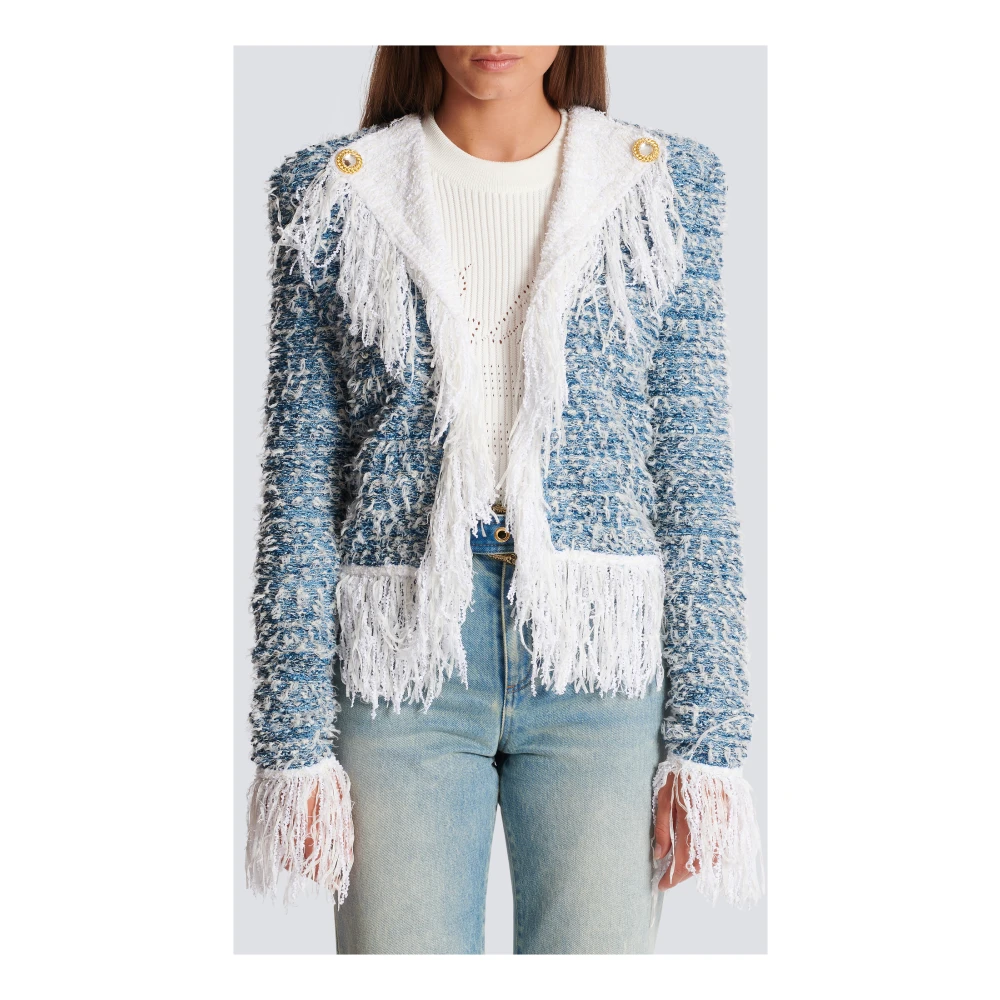 Balmain Franje denim tweed jasje Blue Dames