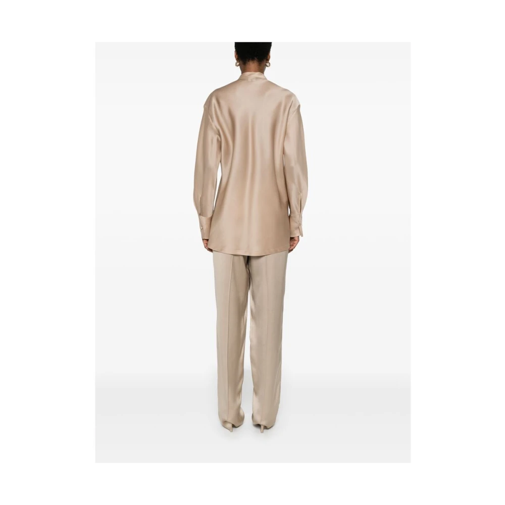 Giorgio Armani Zijden Taffeta Overhemd met Bandkraag Beige Dames