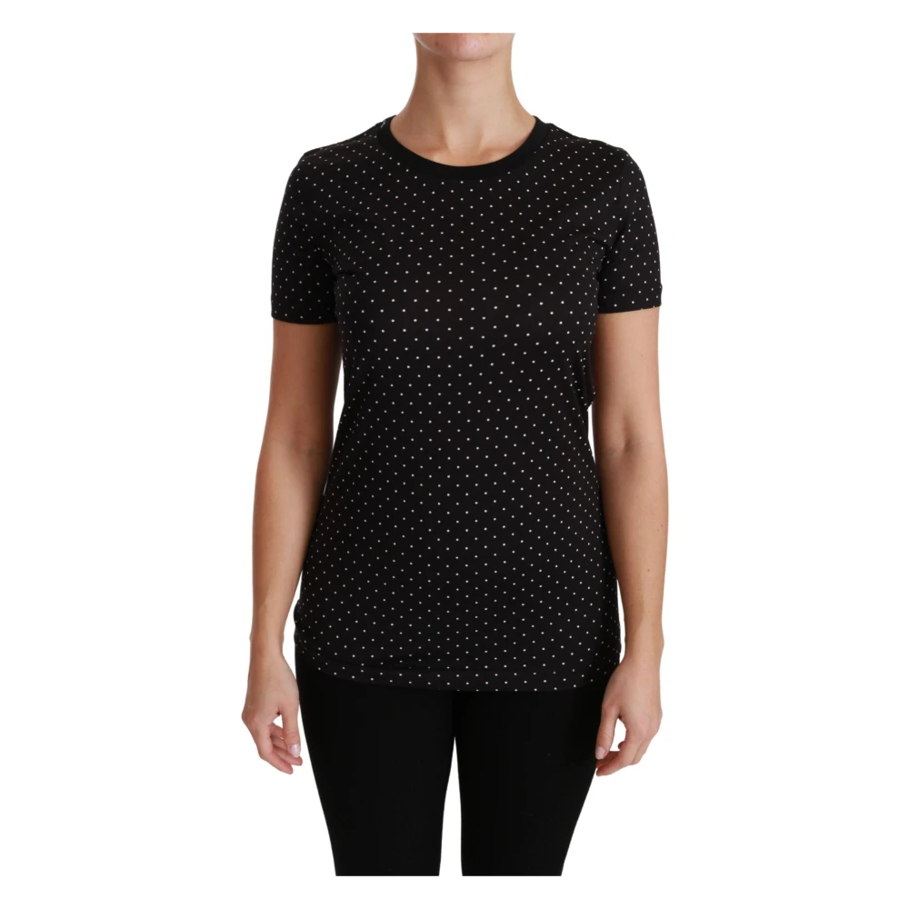 Dolce & Gabbana Women's Black Dotted Crewneck Cotton Top T-Shirt 2XS